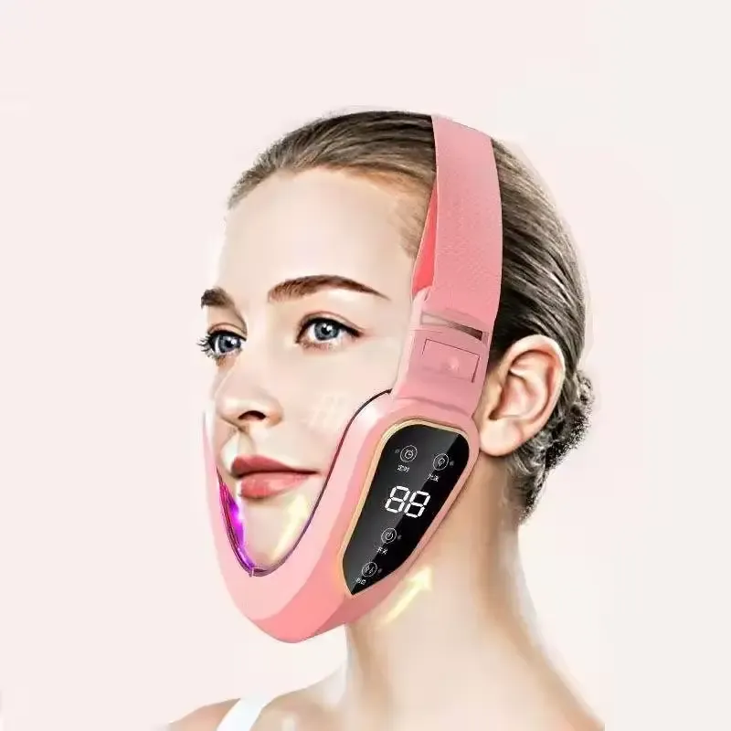 Massageador Facial Com Vibração E Aquecimento Por Terapia De Fótons Led Para Lifting Facial, Queixo Duplo E Massagem Vibratória Em V Rosa SUNNY SPACES