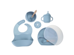 Babador Bebê Silicone com Divisão para Prato de Jantar, Ventosa, Colher, Gancho, Floco de Água, Prato Azul GIECY