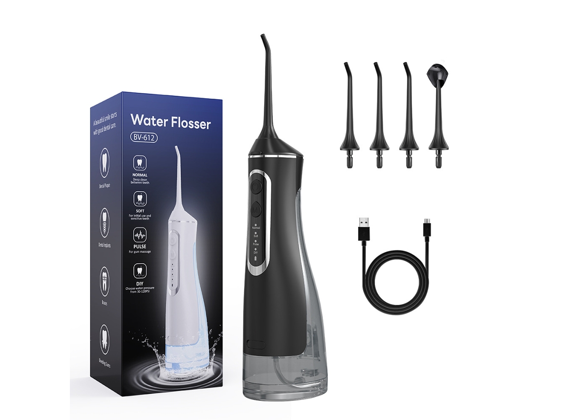Draagbare Wasserflosser 4 em 4 Pontas 1.800 Waterstoten/minuto Grote Tank Van 320 Ml 360° Draaibare Spuitmond ZYBLSSBB (zwart)