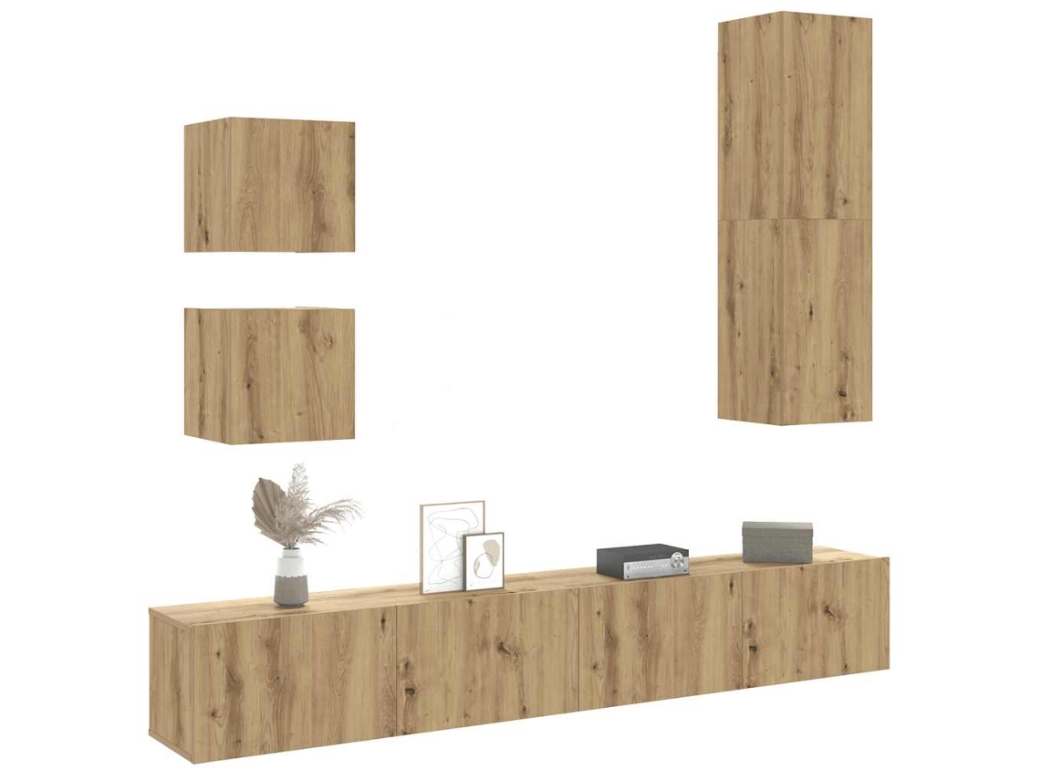 Conjunto De Armário Tv Parede 5 Pcs Madeira Carvalho Artisiano Dkd Home Decor