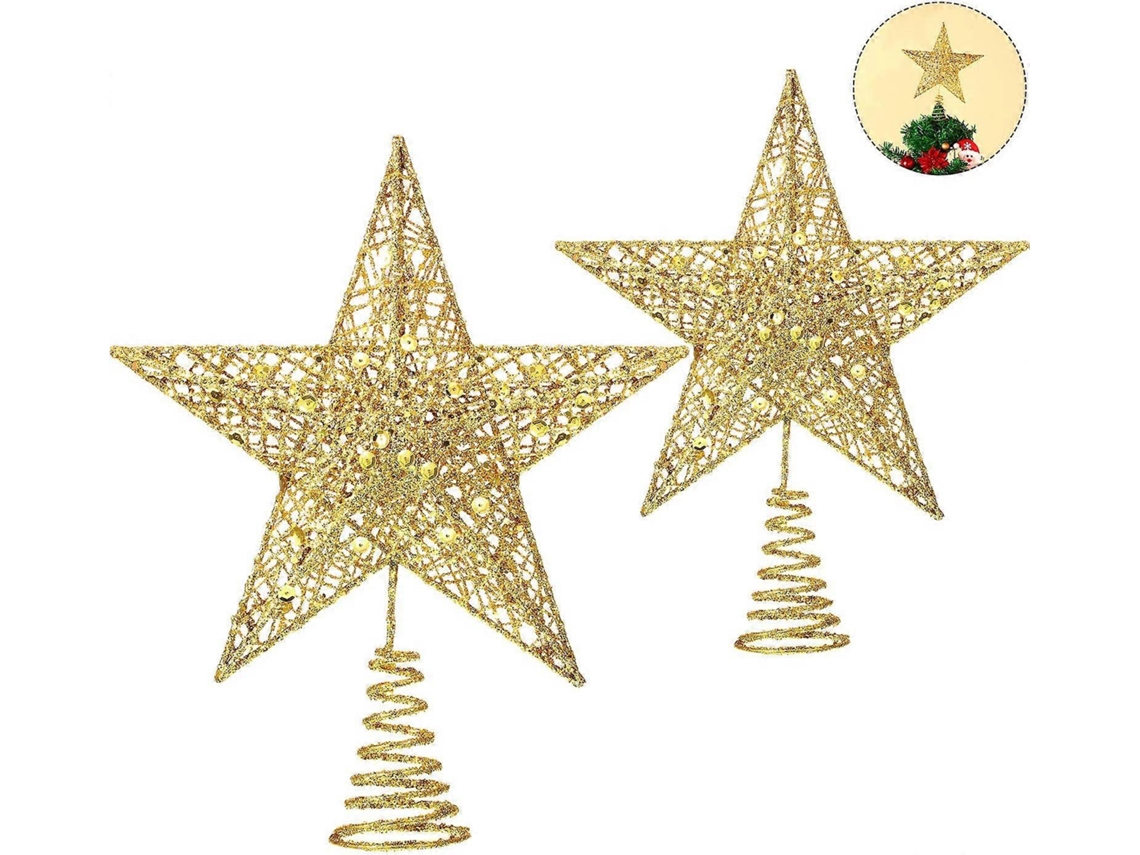 Rebe 2 Toppers Estrella Navidad Metal Brillante 2 Tamaños 15 20cm para Árbol Navideño Oro