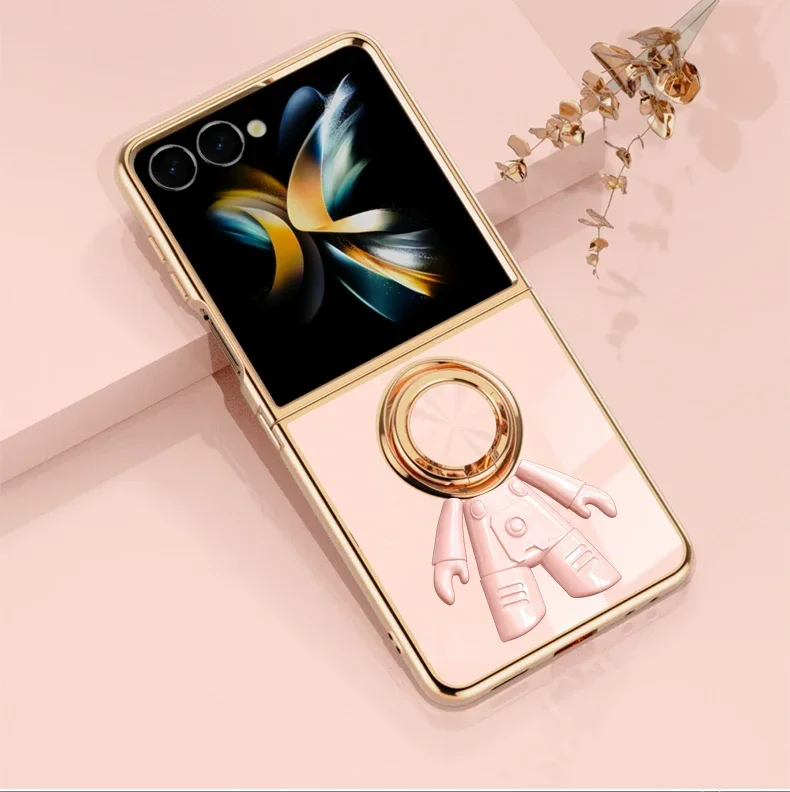 (rosa, Galaxy Z Flip7) Capa Elegante Com Acabamento Galvanizado, Estampa De Astronauta E Suporte De Anel Magnético