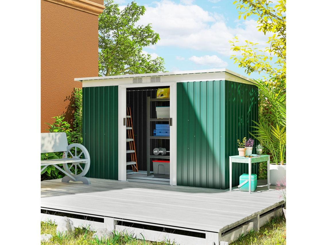 Casetta Da Giardino Porta Utensili In Lamiera Di Acciaio Con Porte Scorrevoli, 280x130x172cm, Verde Scuro