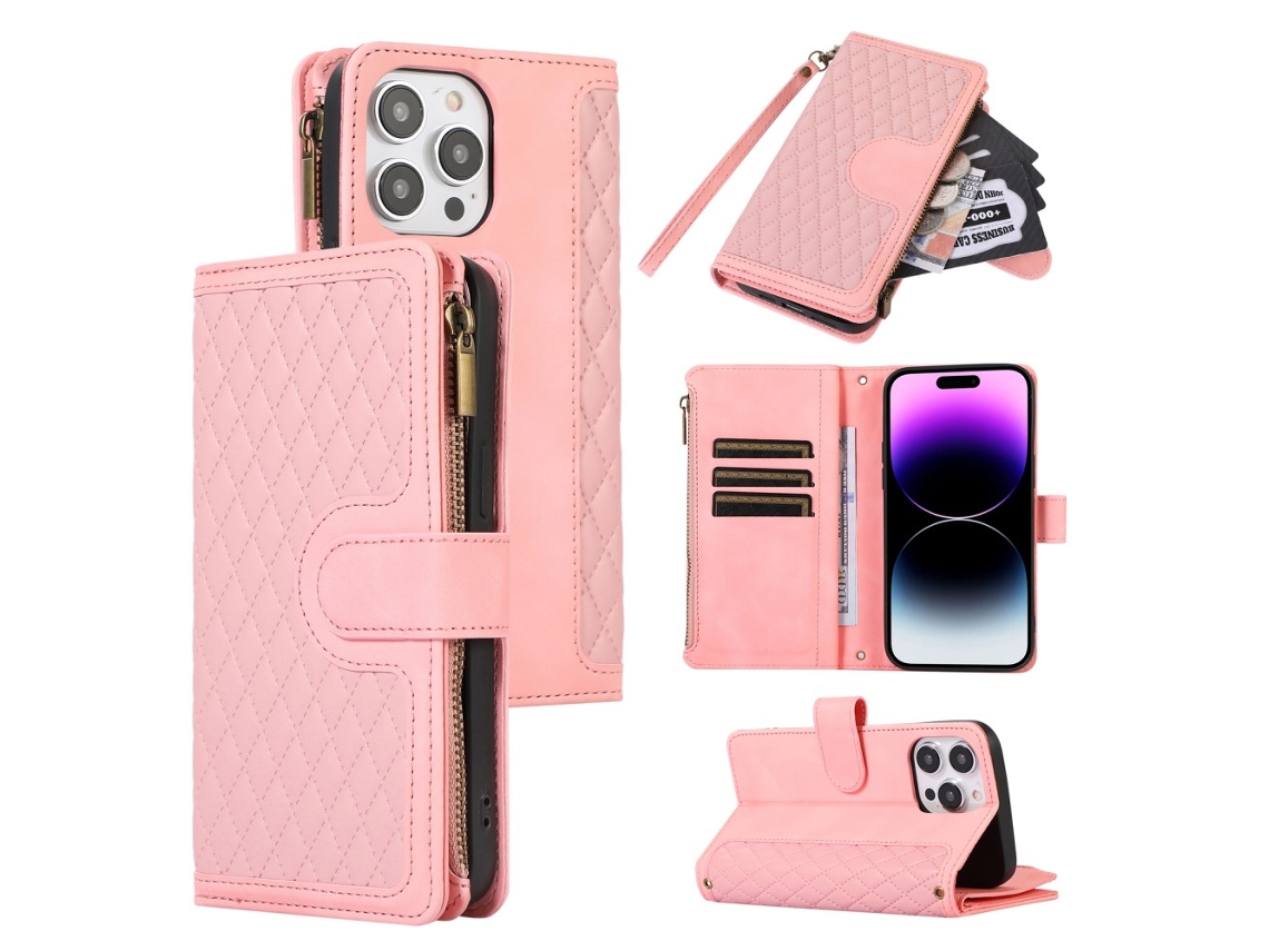 Capa Para Iphone 14 Pro Max Pele Sintética Com Porta-cartões Rosa