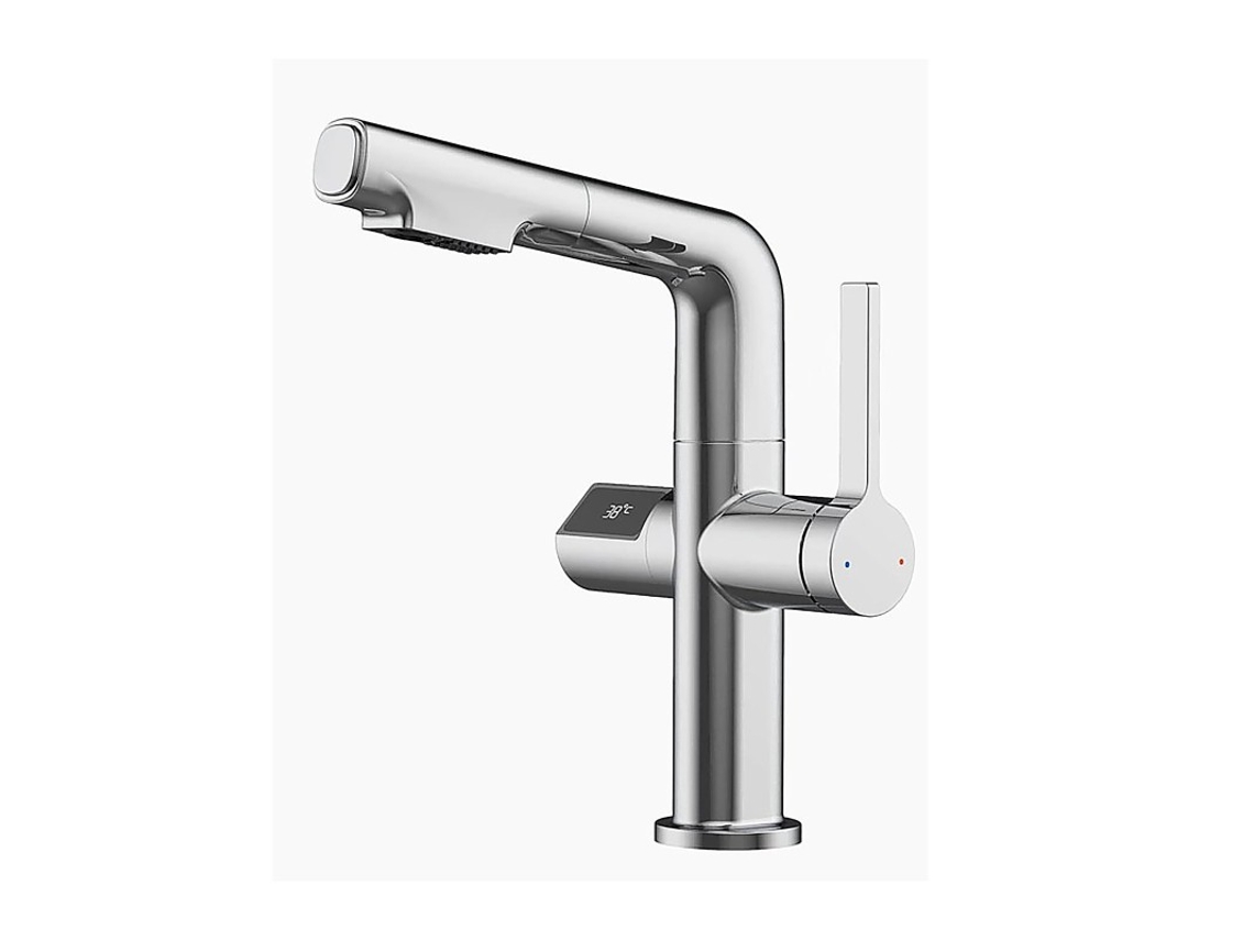 Torneira Lavatório Sj-231 Display Led Temperatura Dinamo | Cobre Maciço | Extraível | Altura Ajustável Para Lavar Cabeça