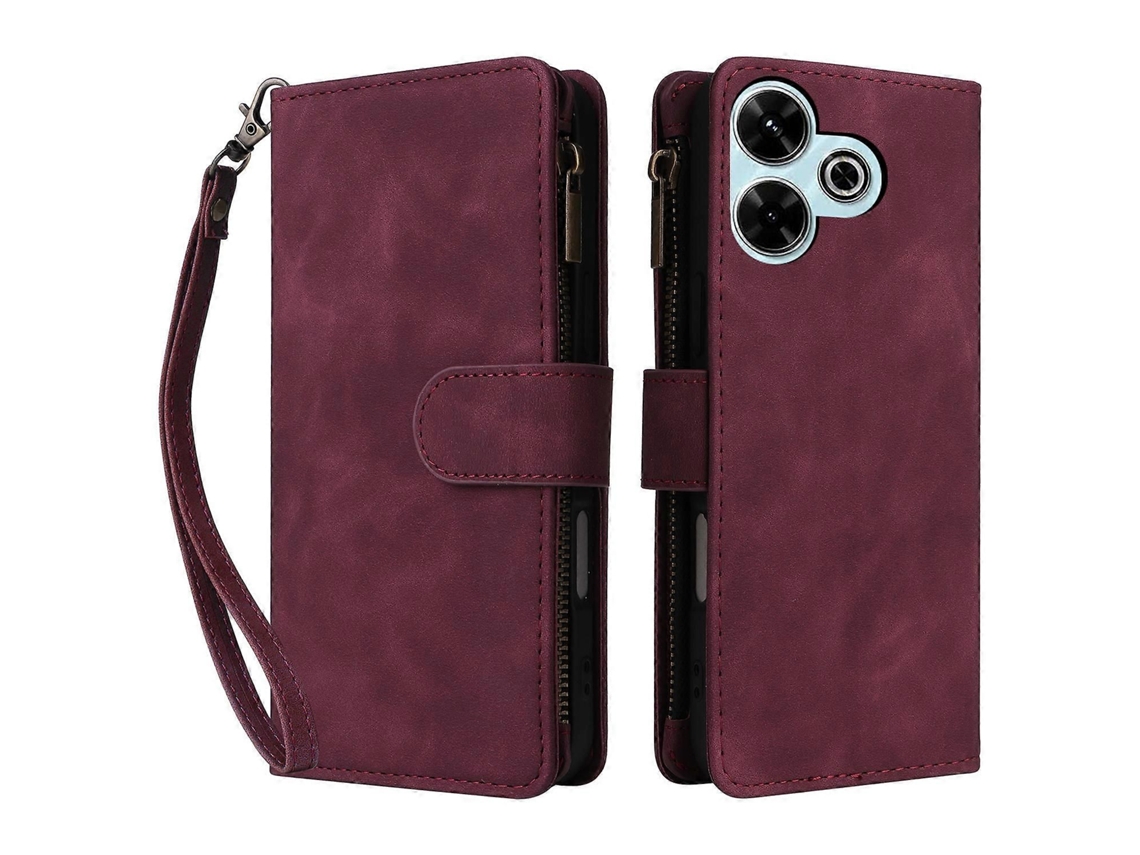 Capa Carteira Com Zíper, Compatível Com Xiaomi Redmi 13 4g/5g, Com Vários Compartimentos Para Cartão, Em Couro, Cor Bordô
