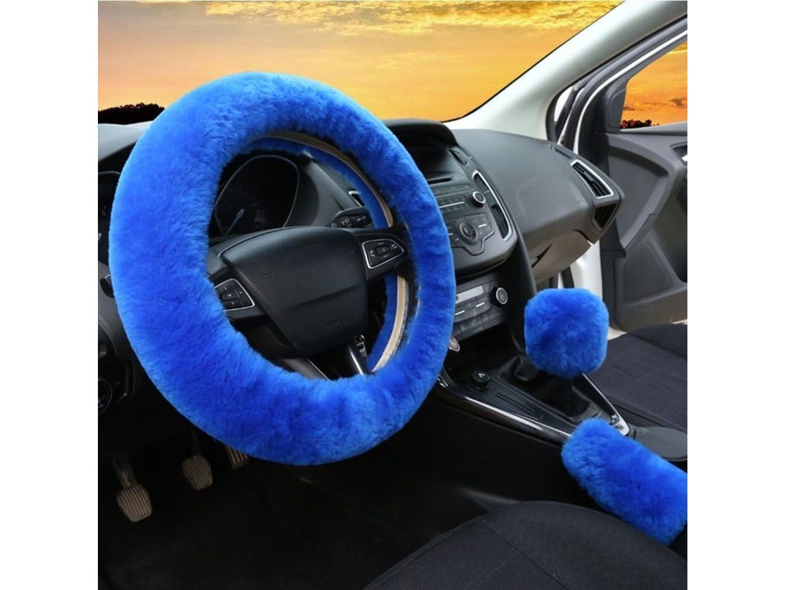 Peças Capa Volante Couro Lana Austrália Macia Peluda Inverno Carro Suv Azul