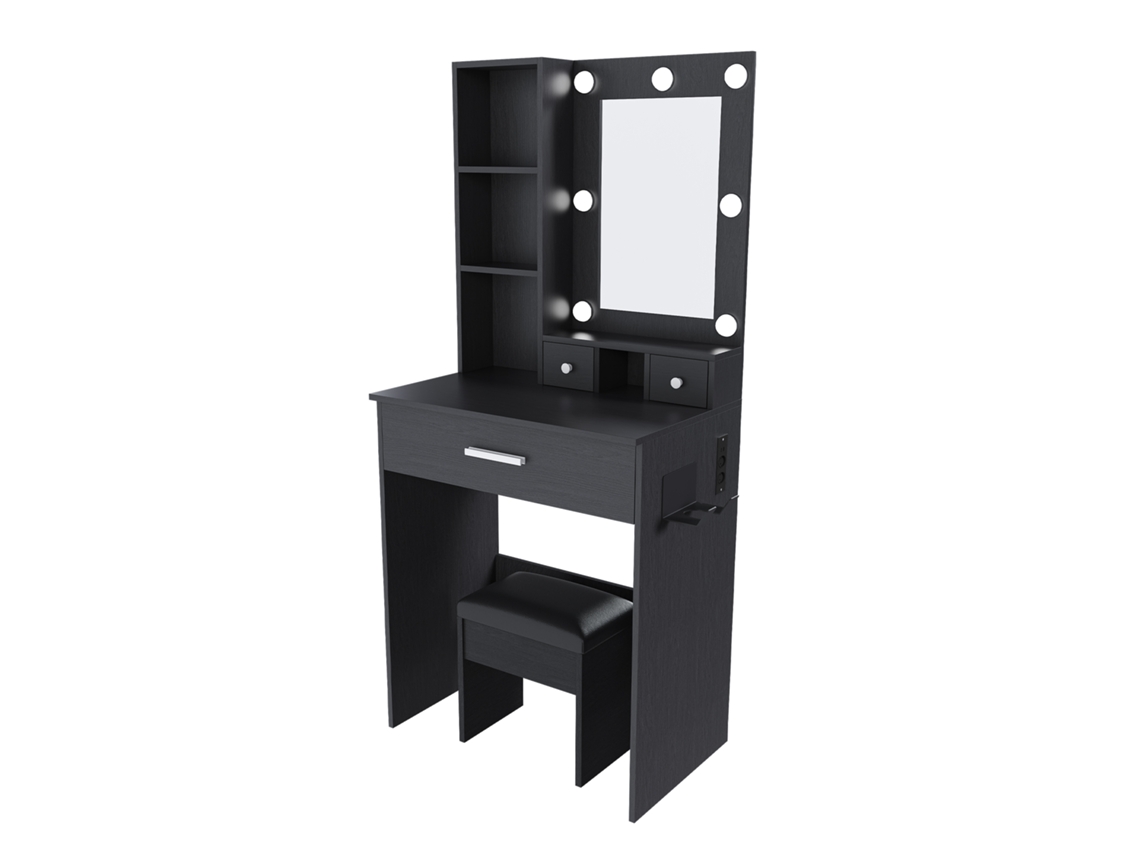 Conjunto de Toucador com Espelho Led, tomada e banqueta, em preto, 160x38x131,5 cm PAPRIKA