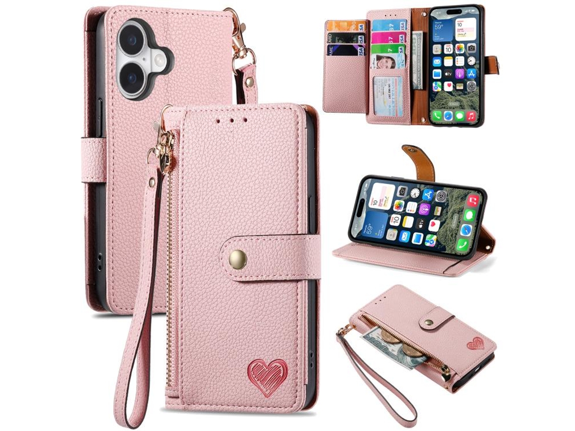 Capa De Couro Para Iphone 17 Com Cordão De Zíper Em Formato De Coração.