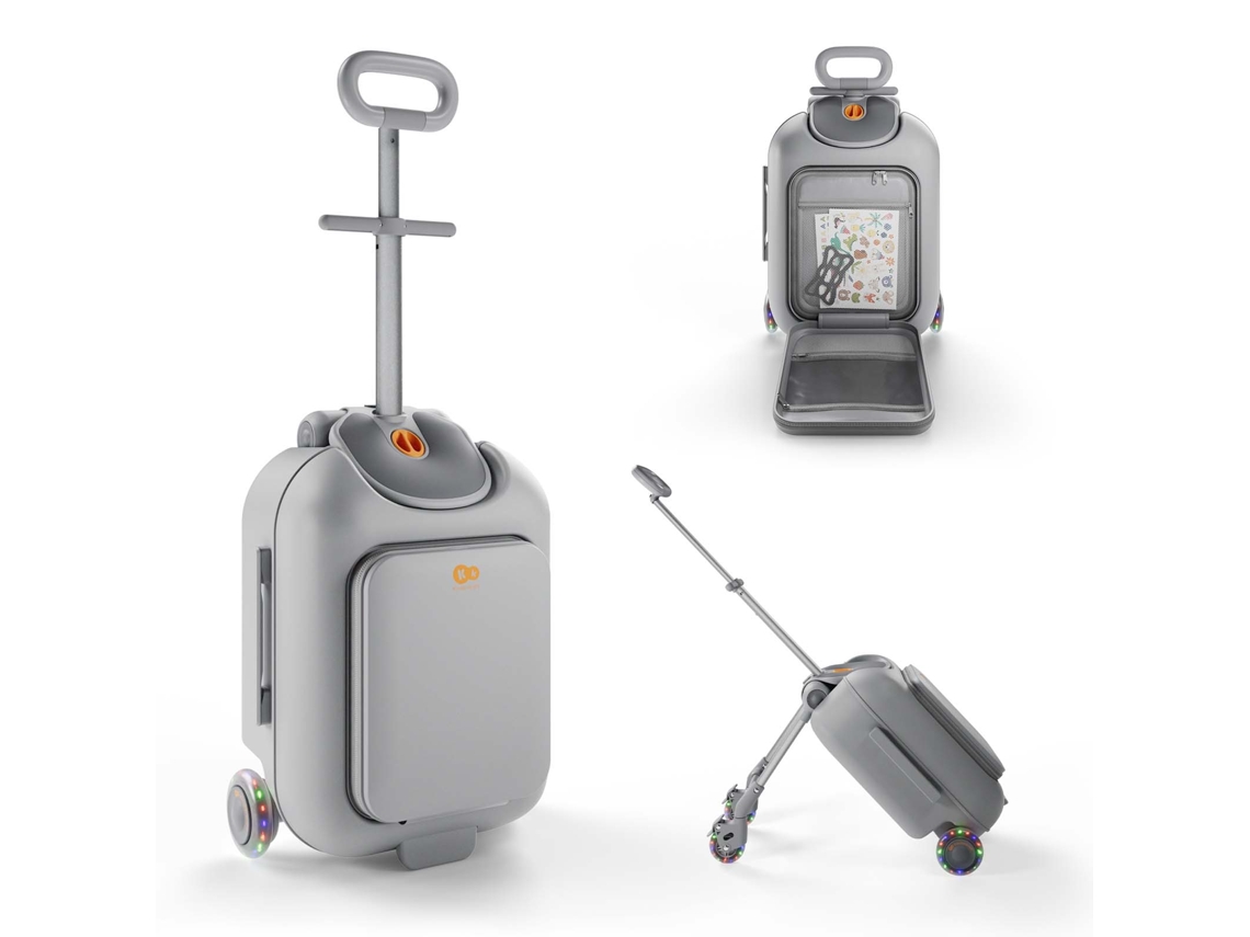 Mala De Cabine Infantil Kinderkraft Cabby 2 Em 1 Com Assento Dobrável 20l Rodas Led Pega Ajustável Cinzento