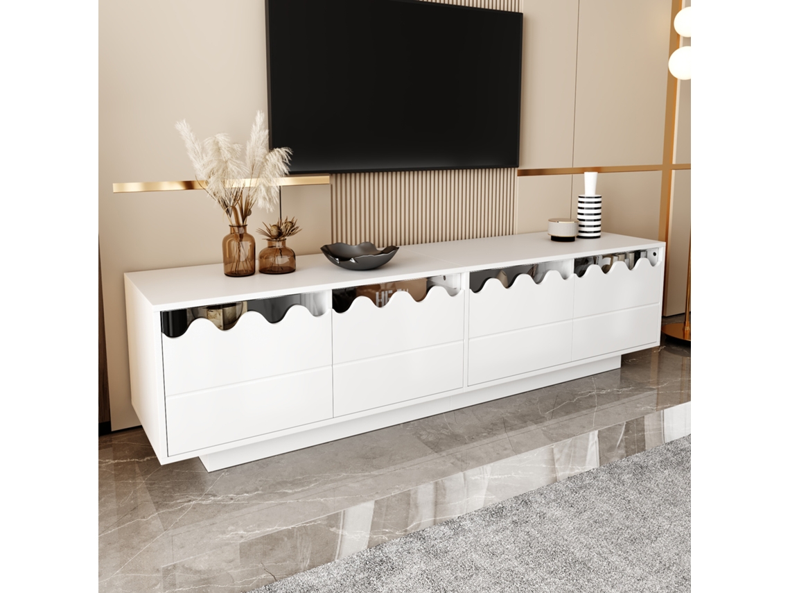 Móvel para TV KOMHTOM, 170x40x45 cm, 4 portas, design ondulado, amplo armazenamento, prateleiras de vidro temperado, branco