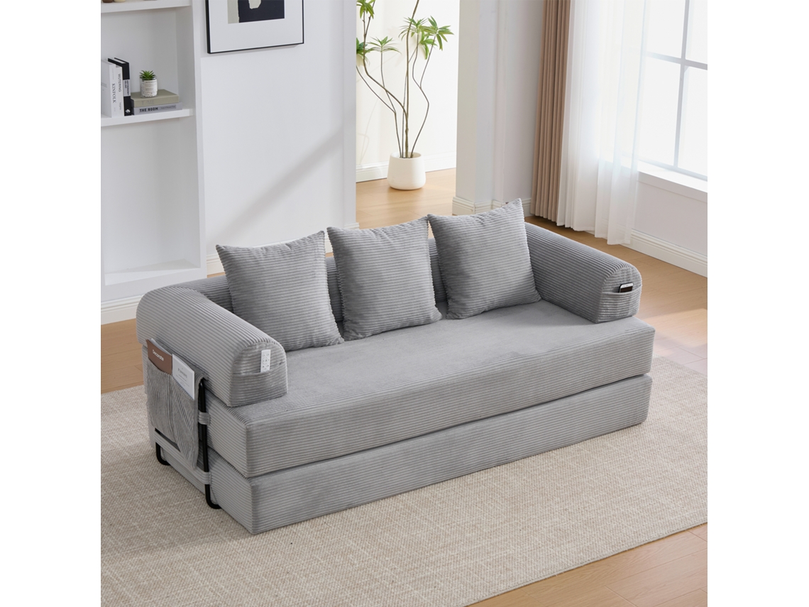 Sofá Modular Compactado Com Estrutura Metálica 3 Almofadas E Bolsos Laterais Cinza Claro