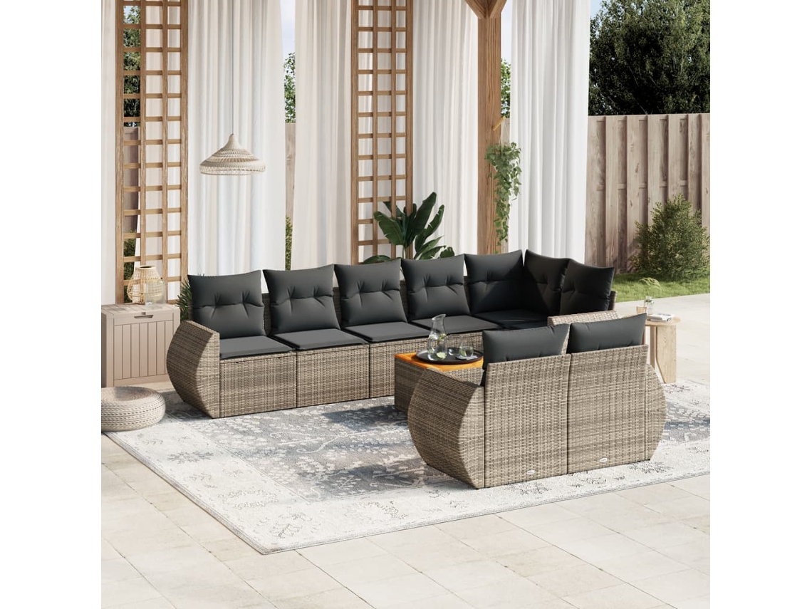9 Pcs Conjunto Sofás P/ Jardim Com Almofadões Vime Pe Cinza Dkd Home Decor