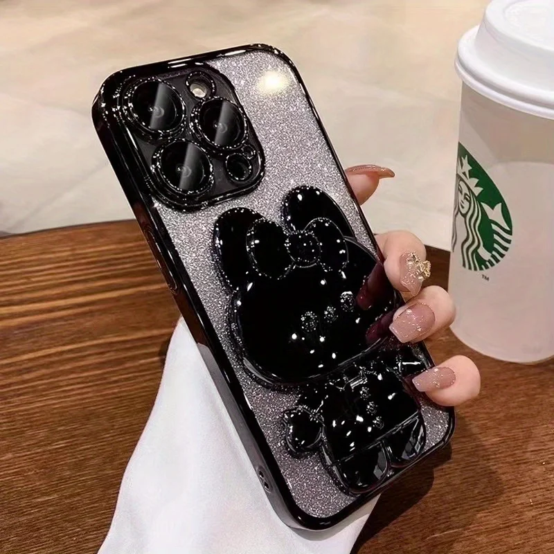 Capa Para Celular Com Espelho De Coelho Eletroplateado Em Degradê (para Iphone 16 Pro, Preta), Com Suporte, Em Tpu Macio.