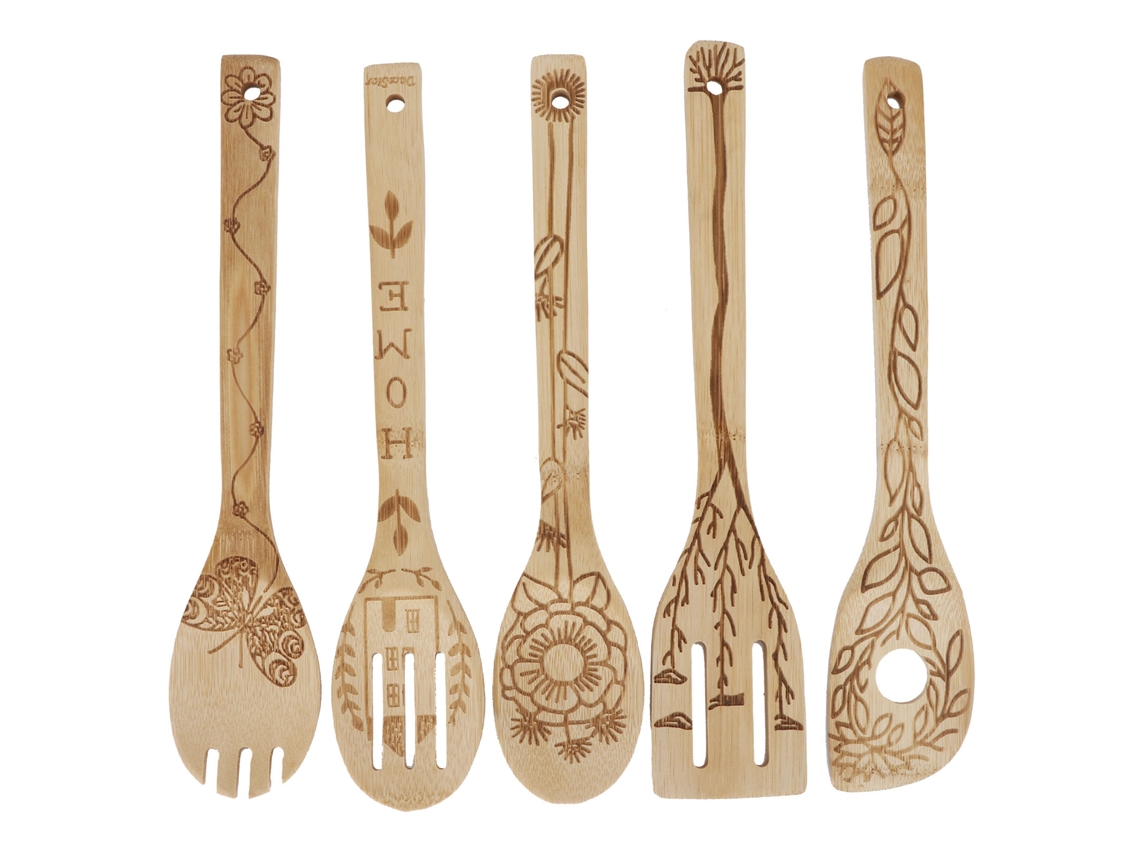 Kit 5 Utensilios Cozinha Bambu Shovel Spatula Spoon Carving