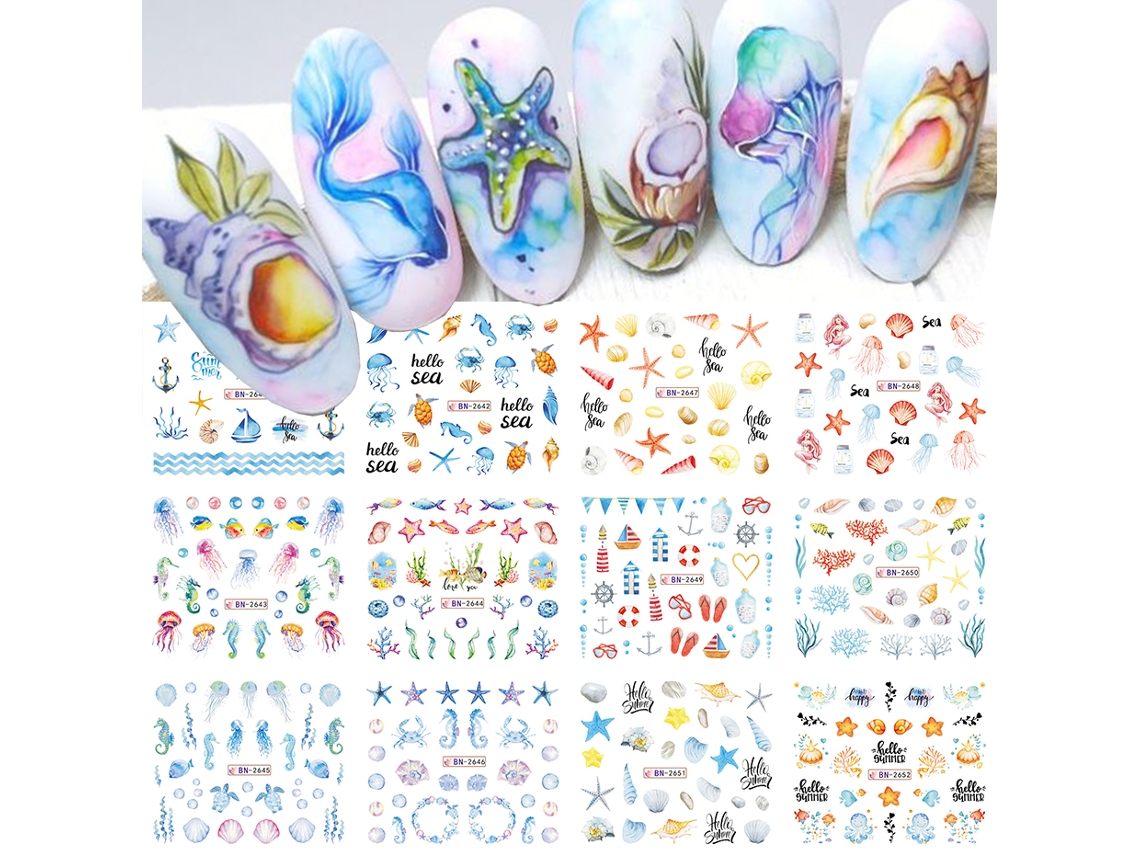 Adesivos de Unhas com Tema Oceânico, Decorações de Unhas para o Verão. MDUG