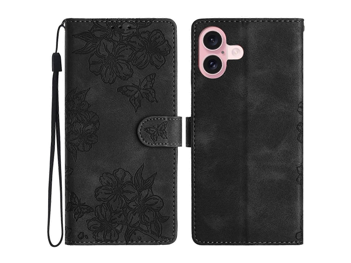Capa De Couro Pu Com Alça De Pulso E Compartimentos Para Cartões Para Iphone 16, Capa De Celular Com Borboleta E Flor