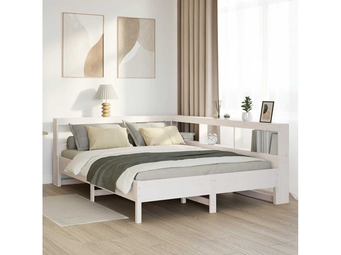 Cama Com Estante Sem Colchão 140x190 Cm Pinho Maciço Branco