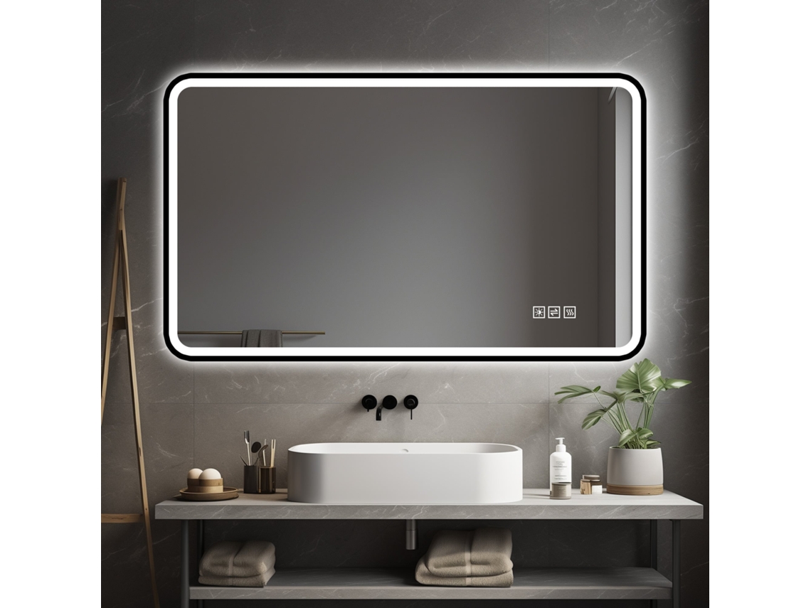 Espelho Led Casa Banho 70x90 Cm Luz Frontal e Traseira, Antiembaçante, 3 Tons de Luz, Regulável, Memória, Montagem Horiz/vert, Ip44 Preto NOVELA