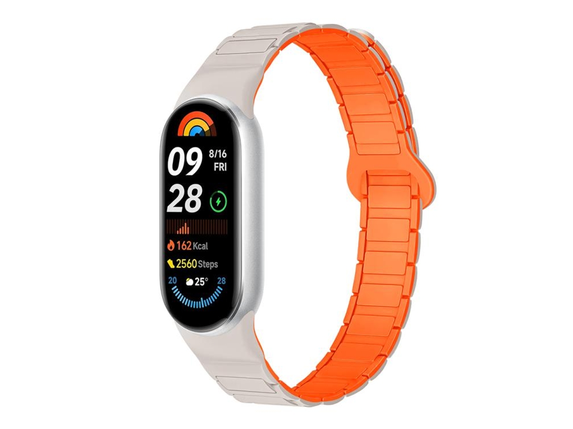 Bracelete Para Xiaomi Smart Band 10/9/8 - Silicone Magnético - Com Três Esferas Laranja Starlight