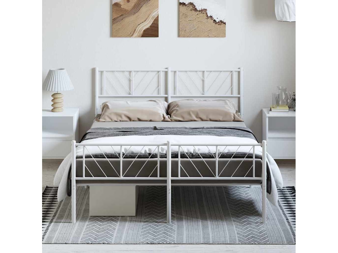 Cama De Casal | Camas Para Quarto | Estrutura De Cama Com Cabeceira E Pés 150x200 Cm Metal Branco
