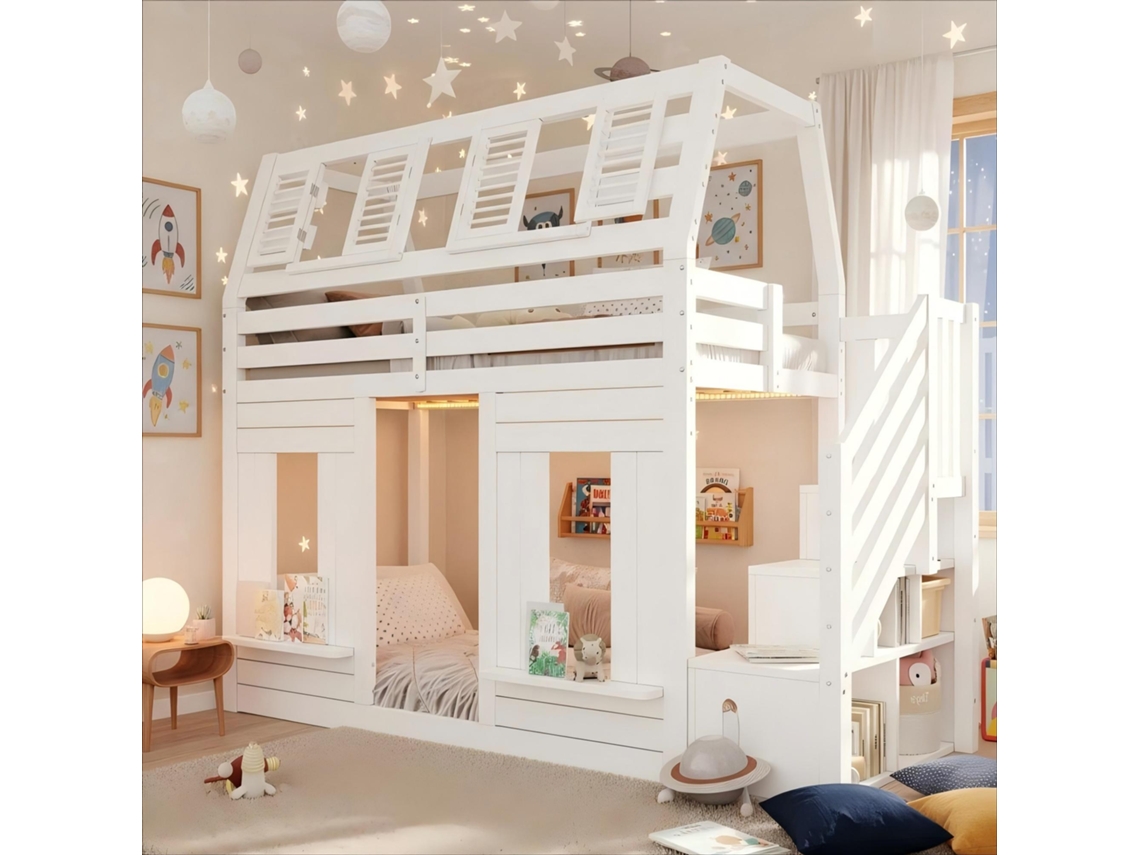 Cama De Andar Infantil Madeira 90x200cm Led Proteção Estantes Branca