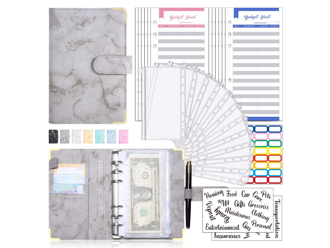 Conjunto De Caderno Folhas Soltas A6 Em Couro Pu Com Envelope Cinza Para Orçamento Financeiro-aquaforge