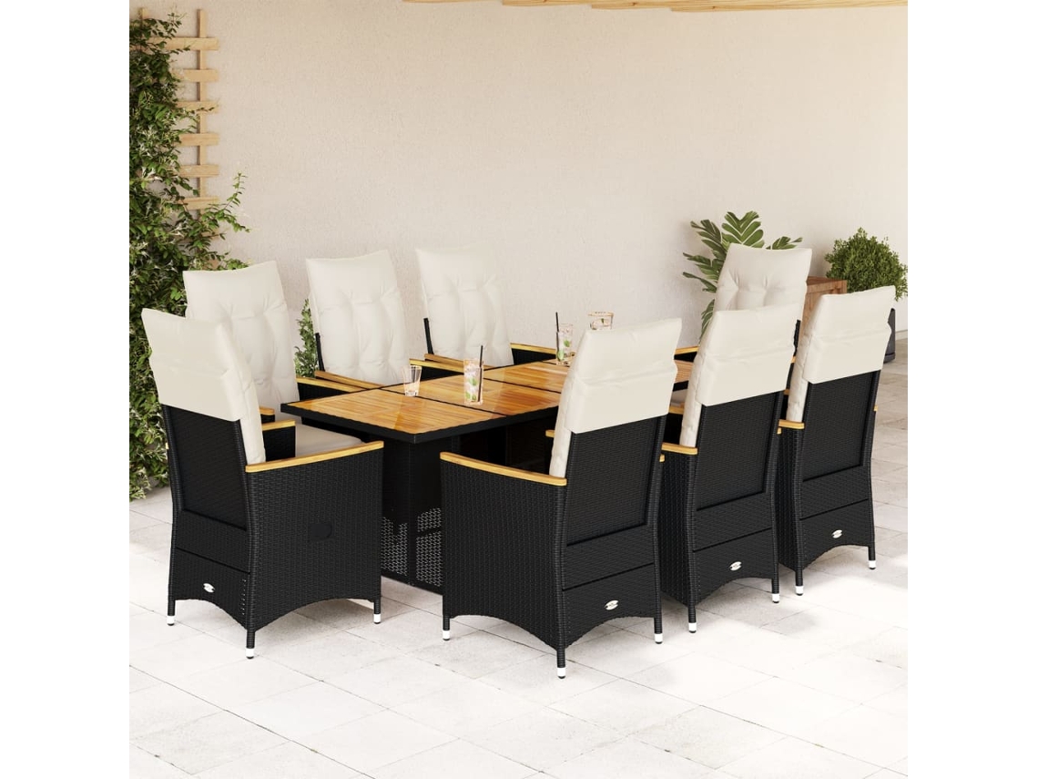 9 Pcs Conjunto De Bistrô P/ Jardin C/ Almofadões Vime Pe Preto Dkd Home Decor