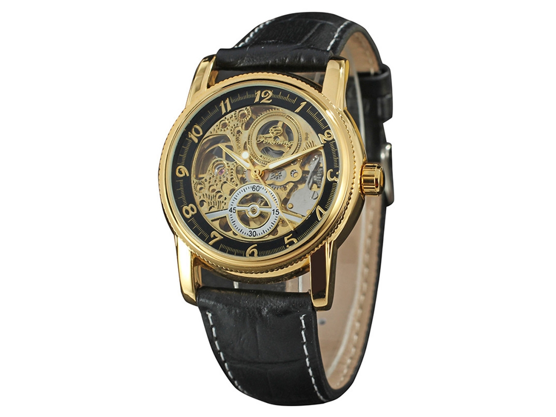 Relógio masculino Forsining automático mecânico, mostrador em aço, design elegante, dourado, preto.