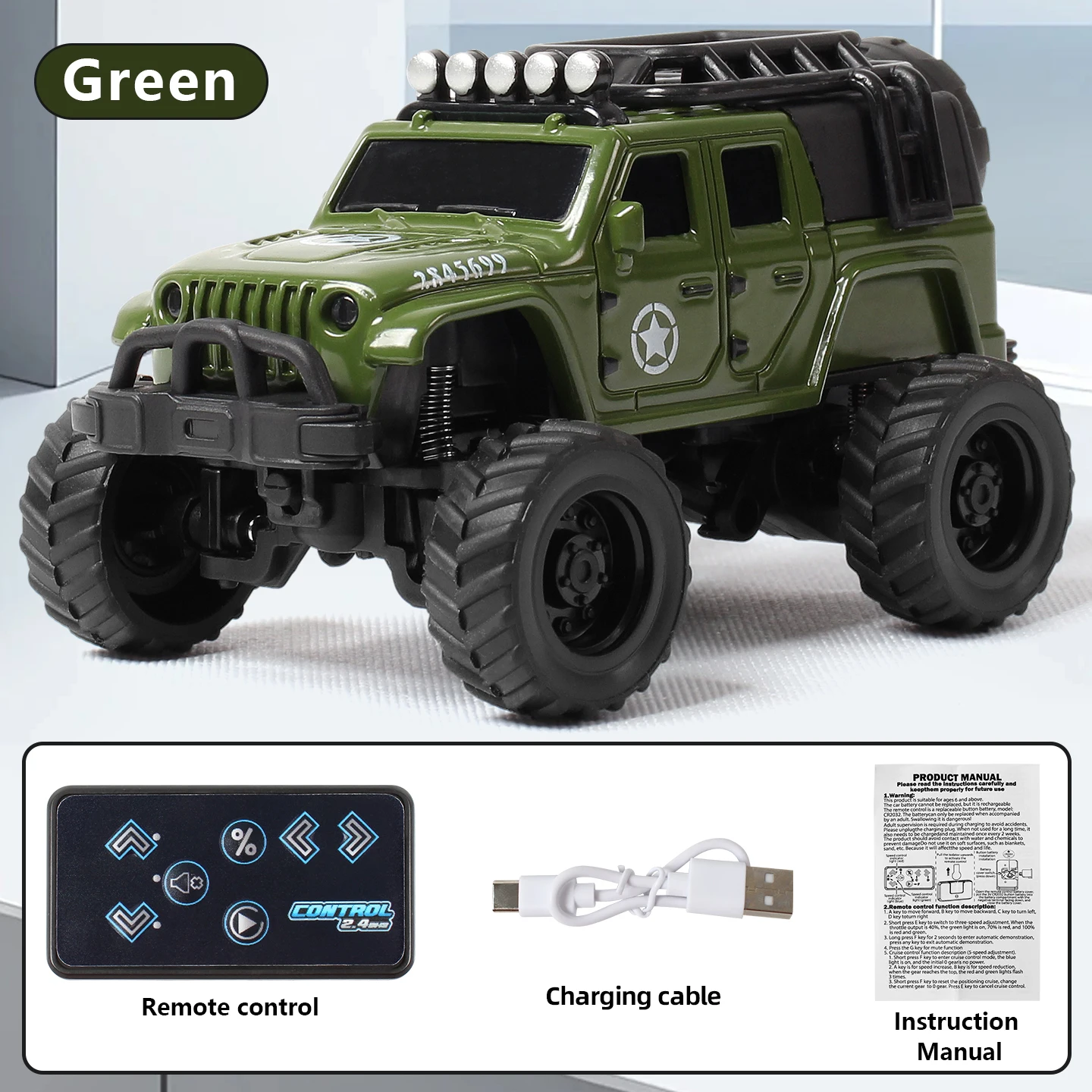 Carro de Mesa de Liga Metálica com Controle Remoto, Modelo de Veículo Off road, Presente para Crianças e Meninos MDUG (verde)