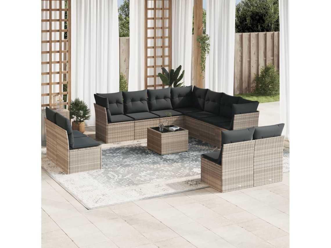 Vidaxl 12 Pcs Conj. Sofás Jardim com Almofadões Vime Pe Cinzento claro