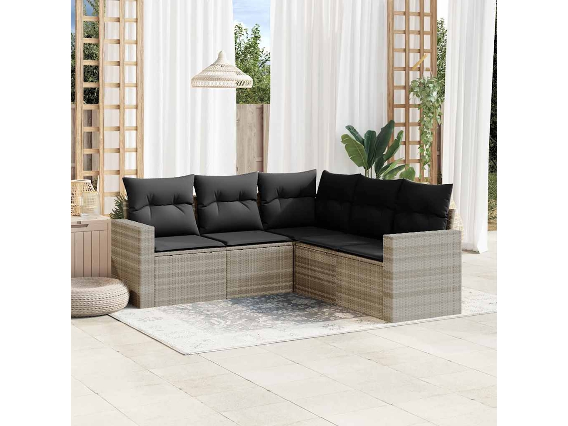 Vidaxl 5 Pcs Conj. Sofás Jardim C/ Almofadões Vime Pe Cinzento-claro