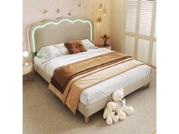 Cama Casal Bege 140x200cm Estofada, Led, Cabeceira Ajustável, Linho.-op