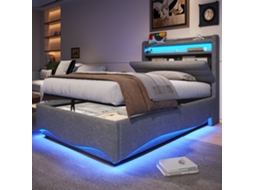 Cama Estofada 90x200cm, Cinza Linho, Led+usb+tipo-c, Hidráulico, Armazenamento, Sem Colchão-op
