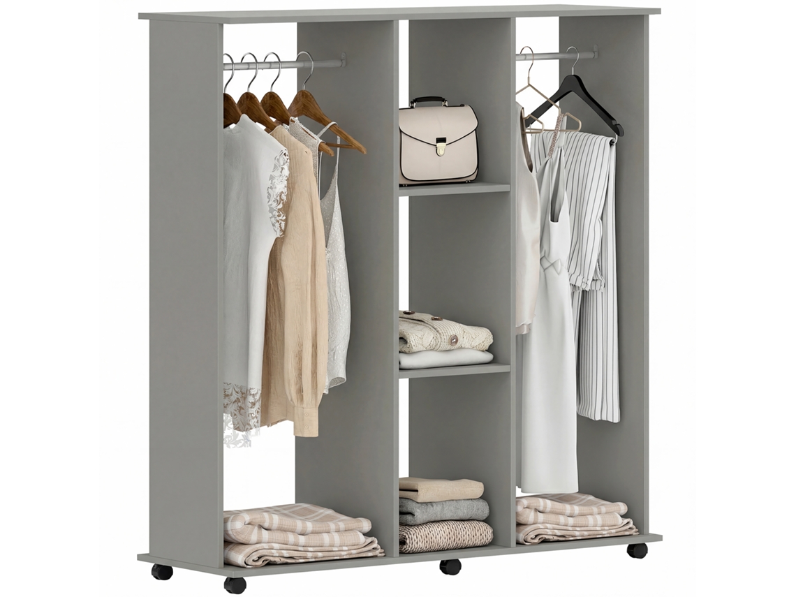 Guarda-roupa com cabideiro, móvel de organização com 6 rodízios, cinza BTFORUS (120x40x128cm)