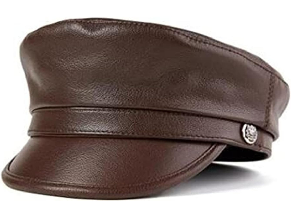 Casquette de Motard En Cuir Véritable Hommes Avec Chaîne, Noir Casquettes Plates (marron Foncé, SFUSHOS