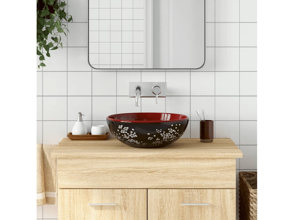 Vidaxl Lavatório De Bancada Redondo Φ41x14 Cm Cerâmica Preto/vermelho