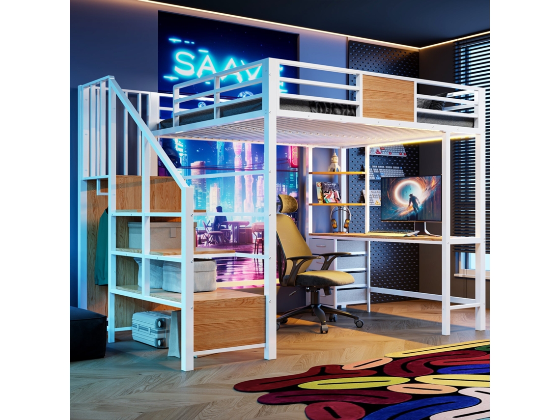 Cama Alta 140x200 Metálica com Secretária, Prateleiras, Varão para Roupa, Luz Led e Tomada Branca NOVELA