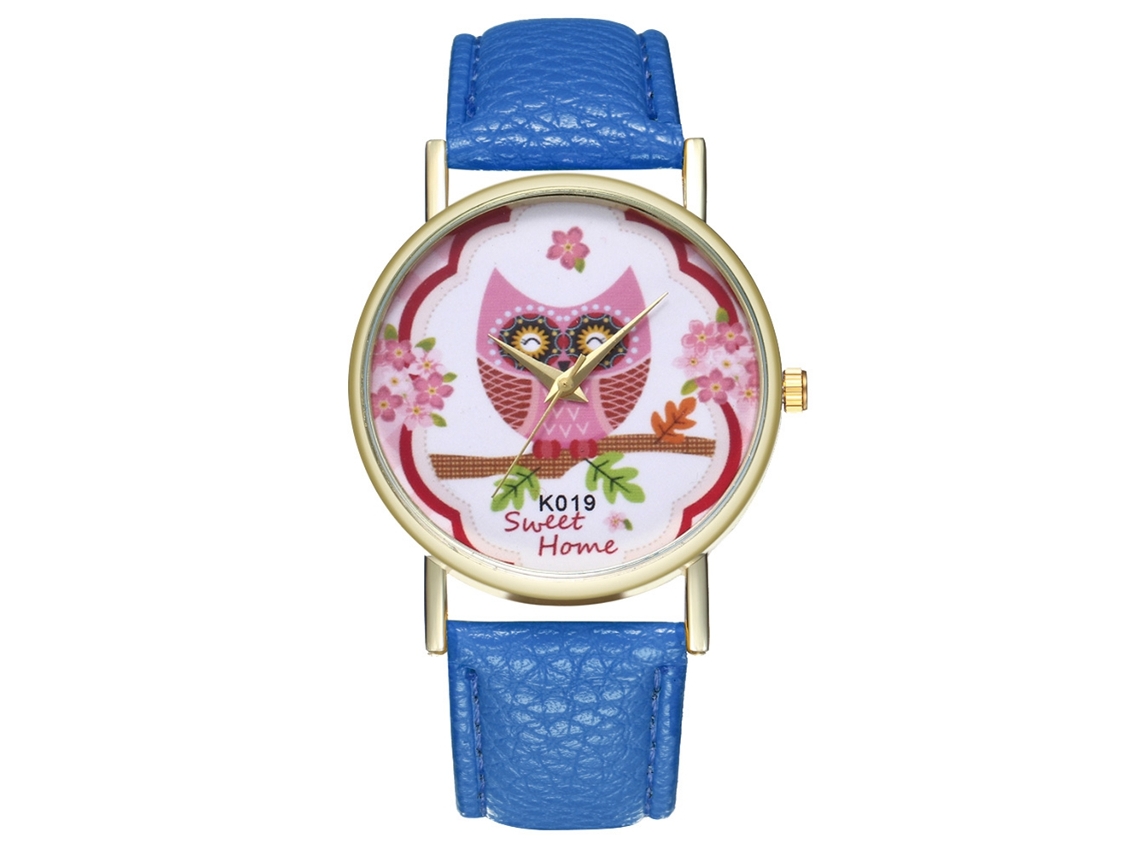 Relógio de pulso de quartzo com pulseira de PU e estampa de desenho animado azul royal.