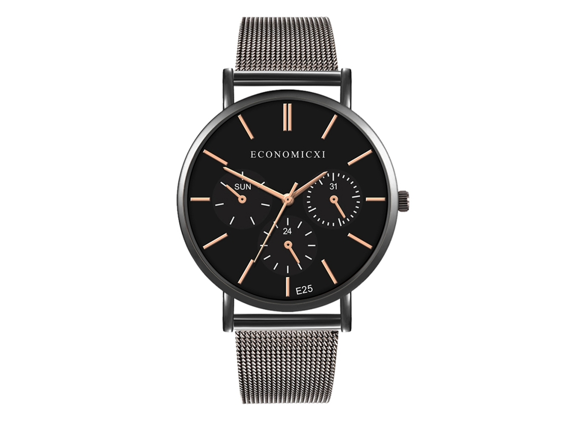 Reloj De Pulsera De Cuarzo Con Cinturón De Malla Tres Ojos Para Hombre Y Mujer Negro