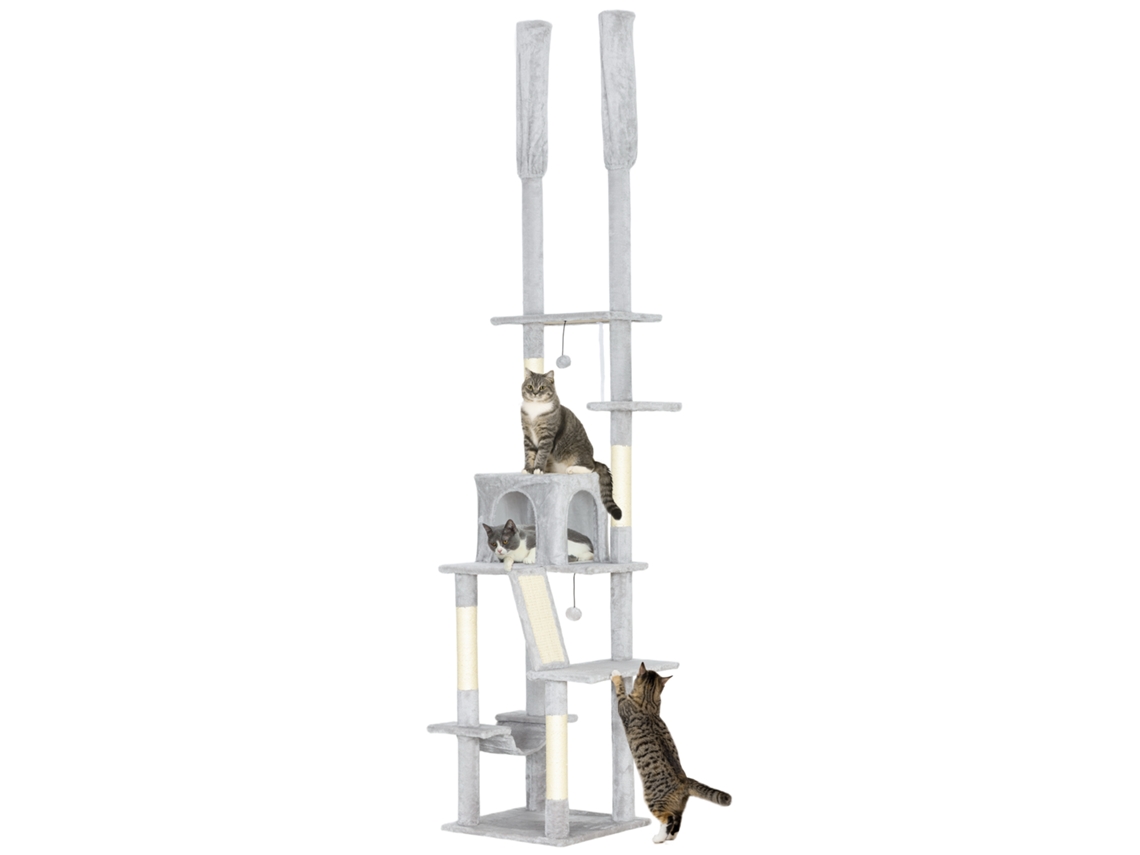 Árvore Para Gatos Do Chão Ao Teto, Altura Ajustável De 225 A 255 Cm, 6 Níveis Com Rede E Toca, Cinza Claro.