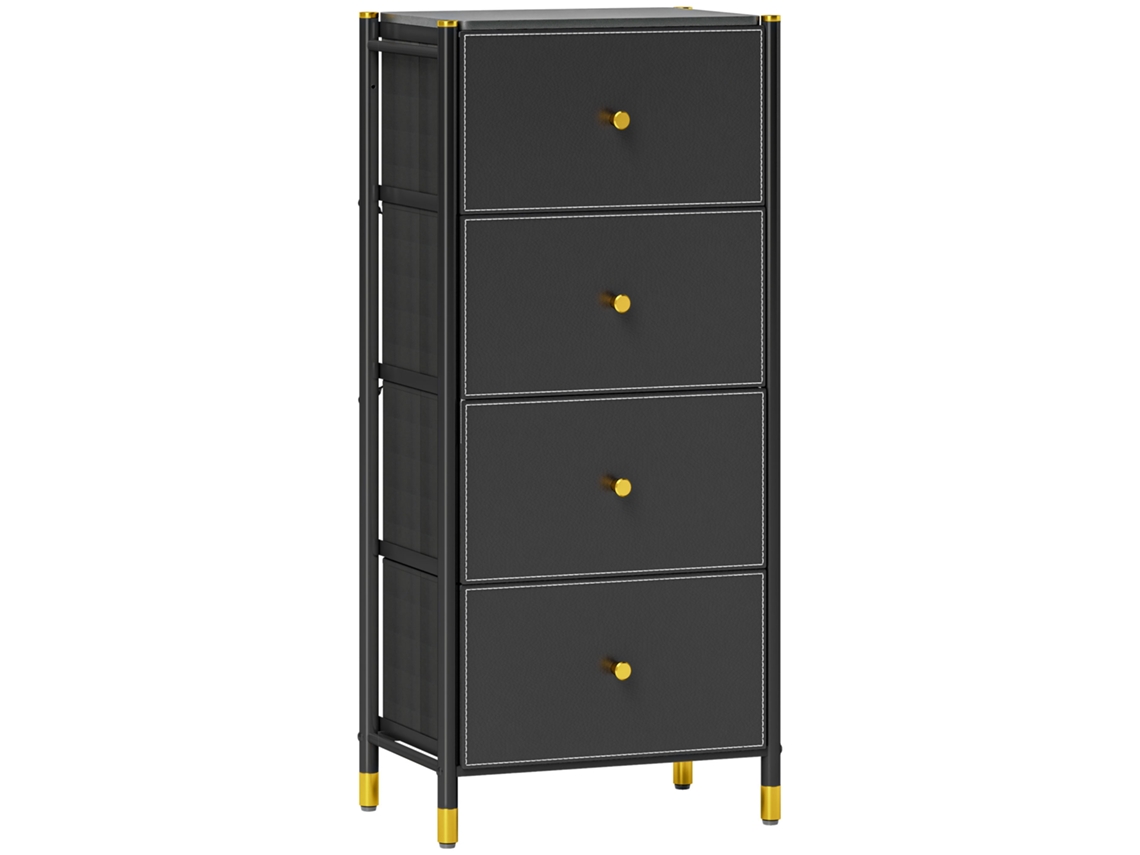 Cajonera de Tecido com 4 Gavetas Dobráveis,frente em Pu e Estrutura de Aço,cômoda para Quarto e Sala preto BTFORUS