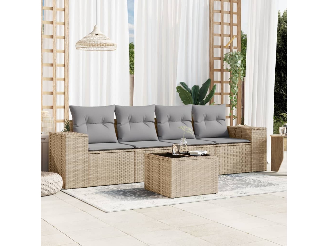 Vidaxl 5 Pcs Conjunto De Sofás P/ Jardim Com Almofadões Vime Pe Bege