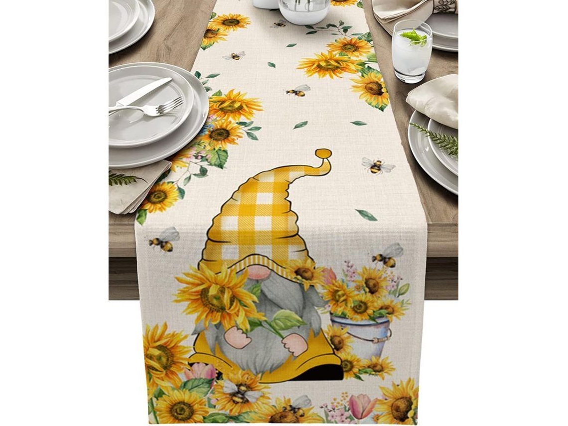 Runner de Mesa Decorativo Girassol Abelha Rustico para Decoracao de Cozinha Floral Gnome Linho Burlap