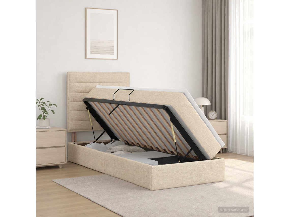 Vidaxl Cama Com Arrumação E Colchão Creme 90 X 200 Cm Tecido