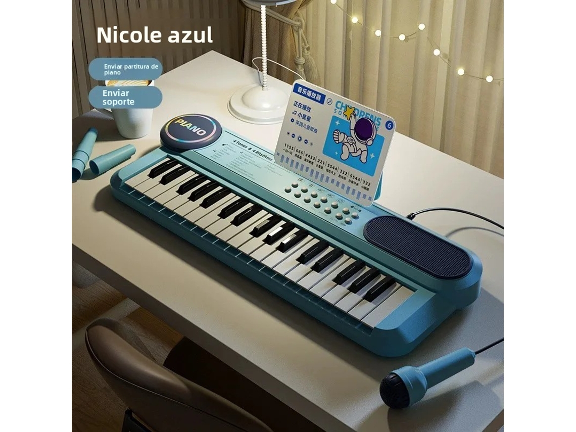 (azul) Piano Infantil De Brinquedo Com 37 Teclas, Microfone E Partituras.