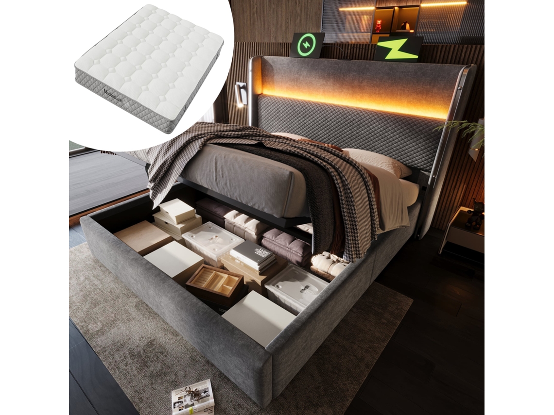 Cama Hidráulica 140x200 Cinza Cabeceira Led Usb c Casal