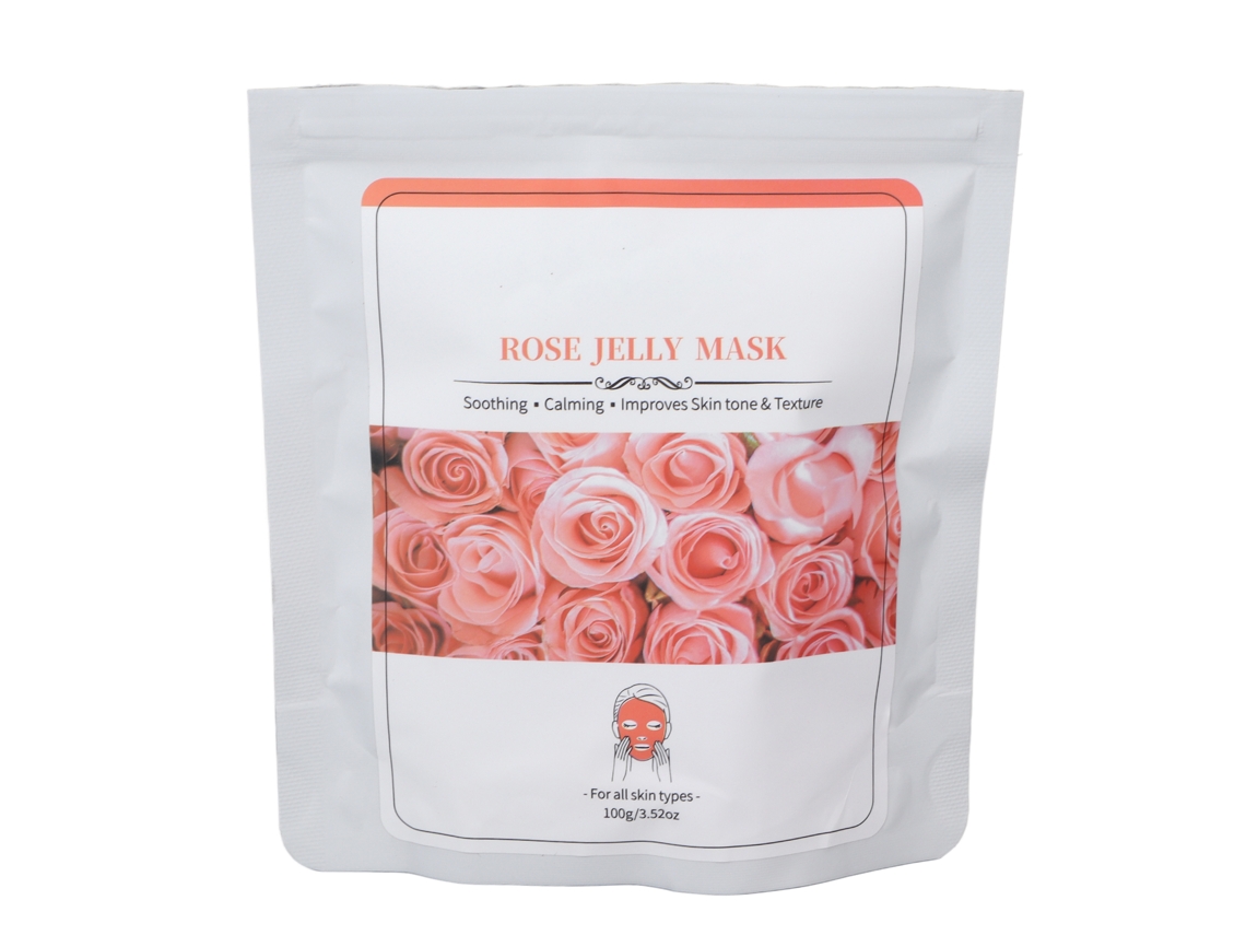 Máscara facial em gel em pó rosa, 100g, para hidratação e redução de rugas.