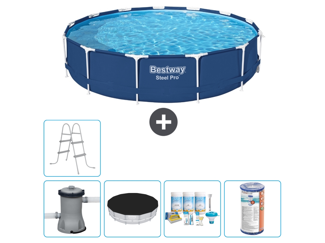 Piscina BESTWAY Round Steel Pro 396 X 84 Cm Azul Incluindo Bomba Cobrir Pacote de Manutenção Filtro Escada