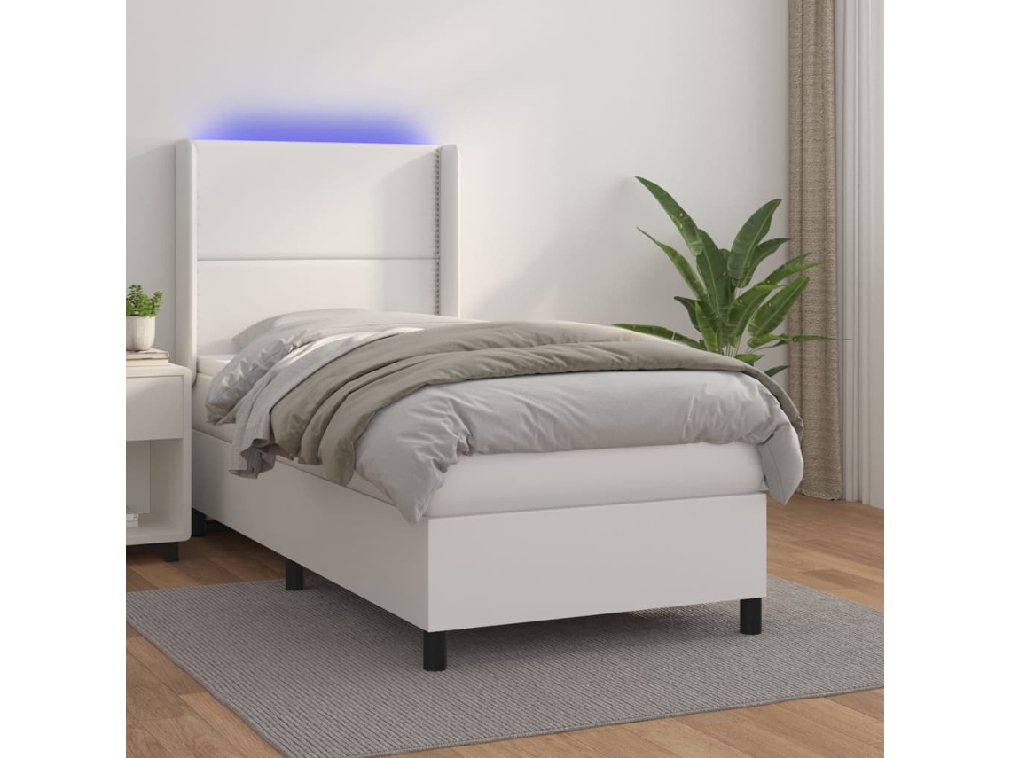 Vidaxl Cama Box Spring C/colchão/led 100x200cm Couro Artificial Branco